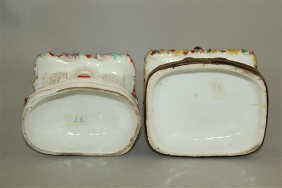 Six Staffordshire porcelain thatched roof models of houses and cottages, mid 19th century, height 10.5 - 15.5cm